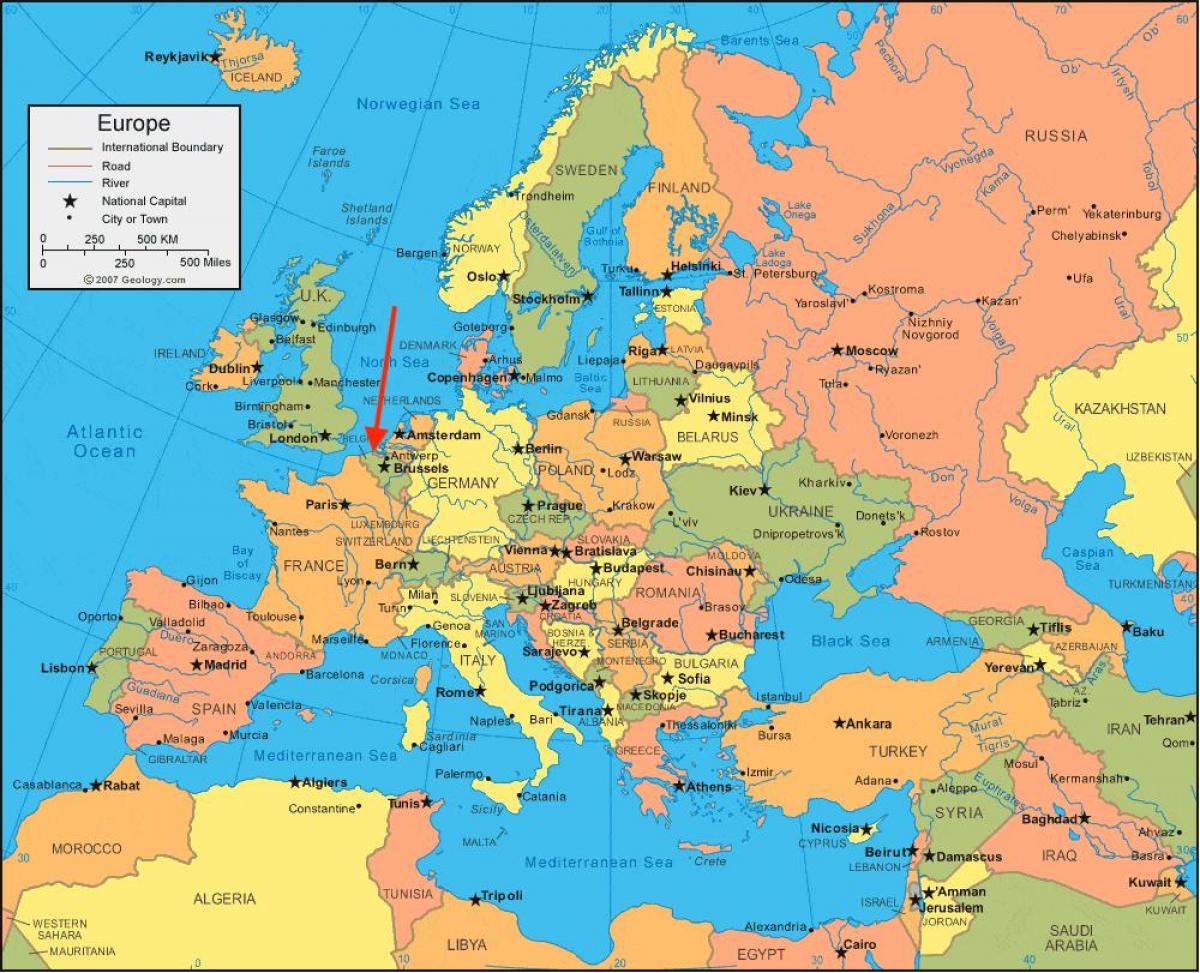 Расположение Бельгии на карте Западной Европы